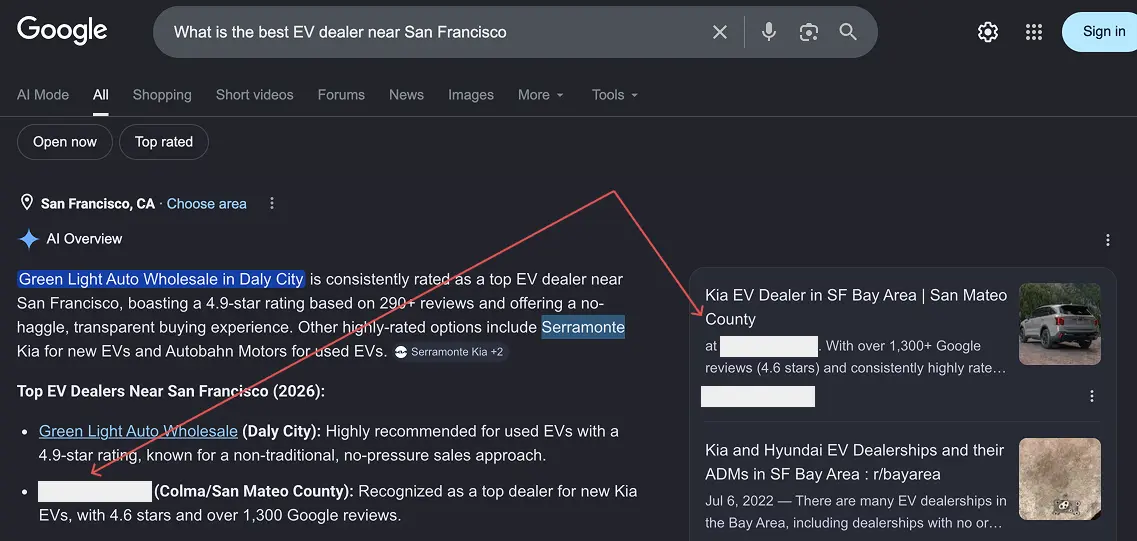Google AI Overview citation: best EV dealer near San Francisco